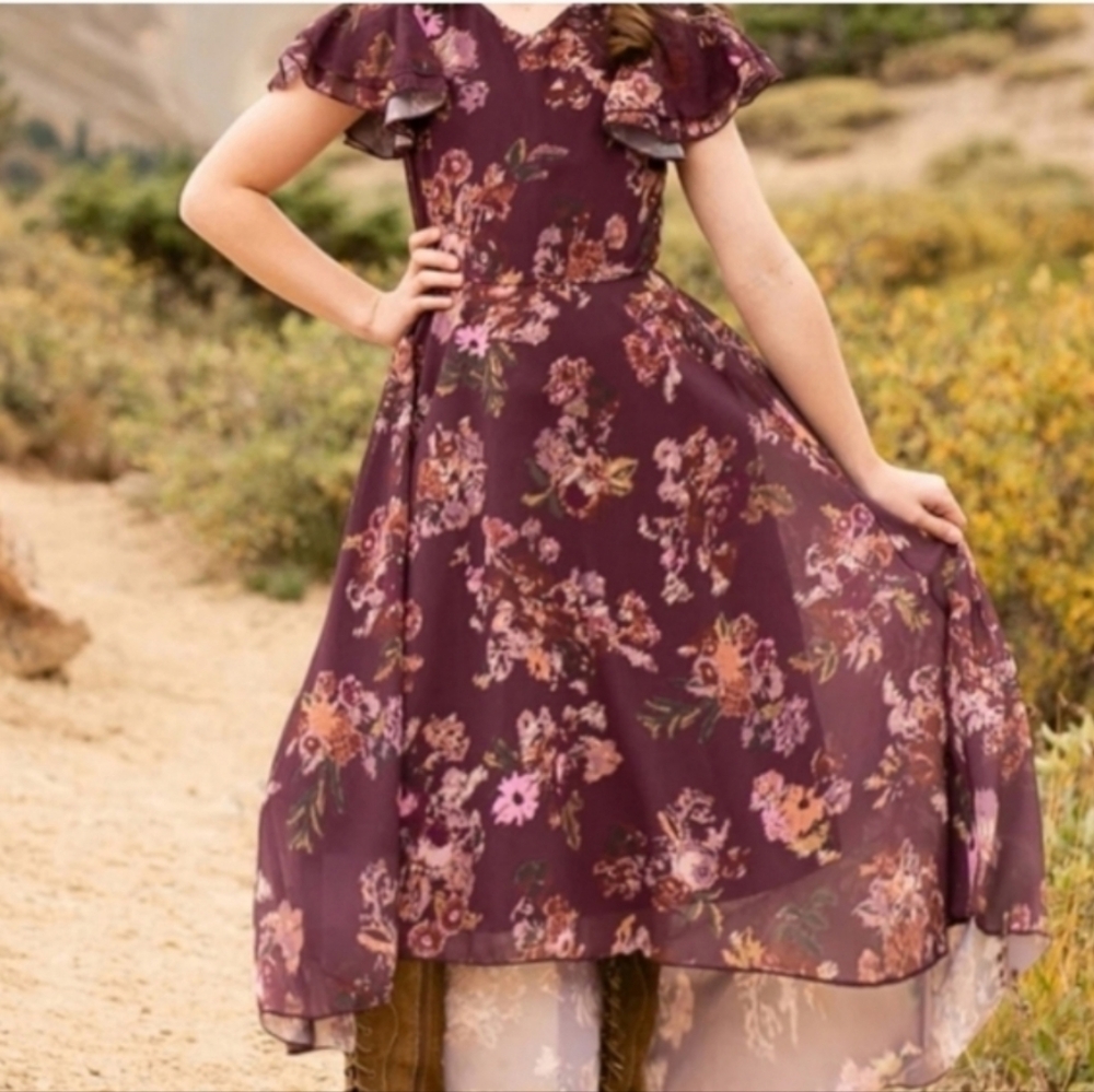 New Joyfolie Plum Ikat Jen Cream Flutter Sleeve Girls Dress 14 NWT - Picture 7 of 7